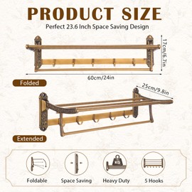24" Vintage Style Brass Foldable Towel Rack with Hook, Gold