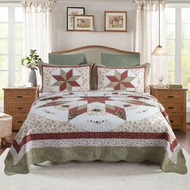 YAYIDAY Oversized Queen Bedspreads Patchwork Quilt Set (110x118 Inch) - 100% Cotton Reversible Breathable Red Star Geometric Quilted Coverlet with Pillow Shams Fit All Seasons