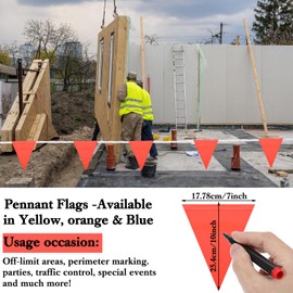 Pennant Safety Flags, Triangle Marking Flags on String, 100ft 7x10inch, Orange, 45 Pennants