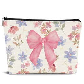 Dejfel Coquette Pink Bow Makeup Bag,Pink Bow Cosmetic Bags Zipper Pouch Travel Toiletry Bag,Coquette Aesthetic Floral Cosmetic Bags for Birthday Party Girls Travel Storage Accessories