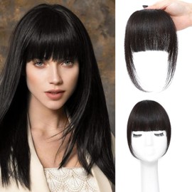 ELEFOCUS Clip in Bangs Real Human Hair Brown Black 100% Human Hair French Bangs Fake Bangs Hair Clip on bangs for women Fringe with Temples Hairpieces Curved Bangs for Daily Wear