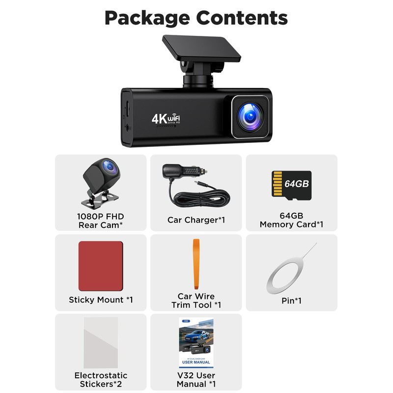 SAVUSCAM Dash Cam 4K + 1080P, WiFi Dash Cam Front