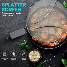 13" Grease Splatter Screen for Cooking | Stainless Steel Oil Splatter Guard and Ultra-Fine Mesh Protects Skin from Burns | TPR Tight-Grip Handle (Grey)