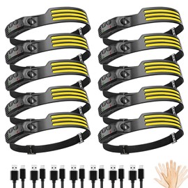 10Pack LED Headlamp Rechargeable with 3 Led Strip, 230° Wide Beam Head Lamp for Forehead, 6Mode Hard Hat Light for Adults, Flashlight for Work, Hiking, Running, Camping Essentials Gear
