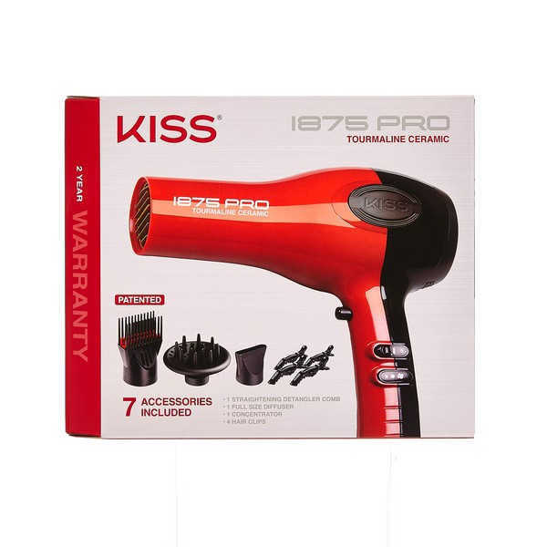 KISS 1875 Watt Pro Tourmaline Ceramic Hair Dryer, 3 Heat Settings, 2 Speed Slide Switch, Cool Shot Button, 2 Detangler Combs, 1 Concentrator, 1 Diffuser, Removable Filter Cap & 4 Sectioning Clips