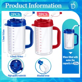Kritkin 4 Pcs 32 oz Hospital Water Cup with Straw and Lid Insulated Double Walled Water Cup with Handle and Straw Elderly Water Bottle Drinking Hospital Carafe Insulated Mug (Red and Blue,4)