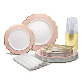 " OCCASIONS" 320 Piece set (40 Guests)-Heavyweight Wedding Party Disposable Plastic Plate Set - 40 x 10.5'' + 40 x 8'' + Silverware + Cups + Napkins (Imperial in Blush Pink & Gold)