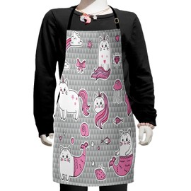 Ambesonne Unicorn Cat Apron, Cat Unicorn and Mermaid Fishes Bubbles Hearts Underwater Theme, Small Apron Bib with Adjustable Ties for Baking Painting, Small Size, Grey Pale Pink White