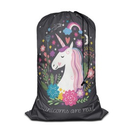 Swono Unicorn Are Real Extra Large Laundry Bag with Drawstring Closure 28"x40", Oxford Cloth, Rainbow Cartoon Fairy Star Floral for Home, Dorm and Apartment Dwellers, Magic Animal