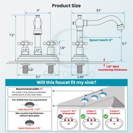 Gotonovo Antique Brass 2 Hole 4 Centerset Bathroom Sink Faucet with Double Cross Handles Deck Mounted Brass Vanity Mixer Tap Utility Include Water Hose, Suitable for 6-12 inch Hole