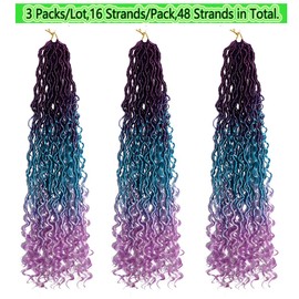 BALINGHAIR Goddess Locs Crochet Hair Ombre Purple to Lake Blue to Light Purle 22 Inch 3 Packs Bohemian Faux Locs Crochet Hair With Curly Ends Pre Looped Hair Extensions 16 Roots/Pack(C26)