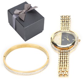 Women Jewelry Set Quartz Movement Watch Titanium Steel Bracelet Jewelry Set Anniversary GiftGold