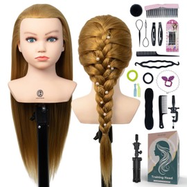 Mannequin Head 20-21" Synthetic Fiber Hair with Clip-on Stand Set,Practice Head Doll Head for Hair Styling Kids Hairdresser Training Doll Head (Gold)