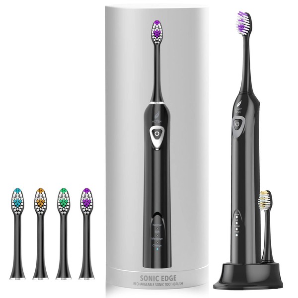 Acteh Sonic Electric Toothbrush, Rechargeable Toothbrush w/ 3 Brushing Modes, 2min. auto-Timer, 30sec. Quad-Reminder and Long-Lasting, Extended Charge Battery (Black)
