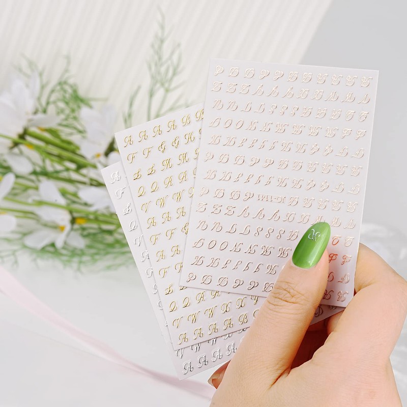 Chisafly Alphabet Small Gold Block Cursive Nail Stickers, Set of