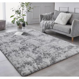 BRICHOEE Luxury Shag Area Rug, 3x5 Feet Tie Dyed Light Grey Rectangle Plush Fuzzy Rugs, Non-Slip Shaggy Furry Carpets for Kids Room Bedroom