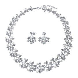 Bridal Large Fashion Vintage Style Leaves Leaf Motif Simulated White Pearl Cubic Zirconia Pave CZ Leaf Bib Statement Necklace Jewelry Set for Women Weddings