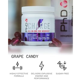 PhD Charge, All in One Pre Workout Powder with Creatine for Women and Men, Rich in Beta Alanine, High Caffeine for pre-Workout, Grape Candy Flavour, 20 Servings Per 300g Bottle