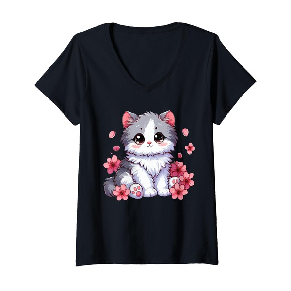Womens Cute Kawaii Cat with Cherry Blossoms Anime Cartoon Design