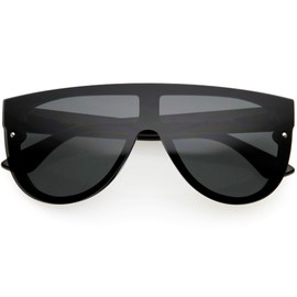 zeroUV - Modern Fashion Flat Top Flash Mirror Shield Plastic Aviator Sunglasses (Black/Smoke)