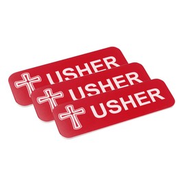 Usher 1 x 3" Name Tag/Badge, Red, Cross Design (10 Pack)