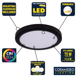 CORAMDEO 11 Inch LED Decorative Low Flat Profile Edge Lit Flush Mount Ceiling Fixture, Select Between 3000K/4000K/5000K Color Temperature, Cast Aluminum, 11.6W, 910 Lumen, Dimmable, Black
