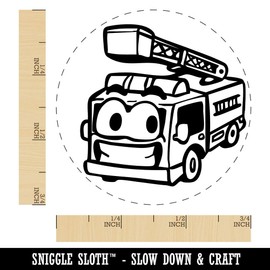 Smiling Cartoon Firetruck Vehicle Firefighter Truck Ladder Self-Inking Rubber Stamp Ink Stamper for Stamping Crafting Planners - 3/4 Inch Small - Blue Ink
