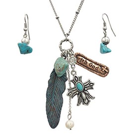 Gypsy Jewels With God Religious Long Mixed Metals Charm Cluster Trendy Unique Boutique Style Silver Tone Necklace & Dangle Earrings Set