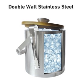 Lily's Home Double Wall Insulated Ice Bucket with Bamboo Lid - Stainless Steel Ice Holder with Tongs and Strainer, Ideal for Outdoor Kitchen, Tiki Bar & Cocktail Bar, Portable & Mini, 1.3 Liters