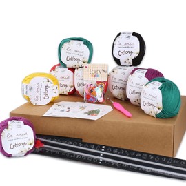 La Mia Cottony Xmas Set - 5 Skeins of Assorted Colors includes Cottony Yarn, 100% Cotton, Knitting Needles 4 mm, Stich Markers x 10, Crochet Hook 3,5 mm, Happy New Year Cards x 4