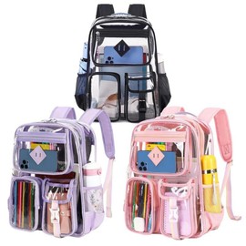 Clear Backpack  Heavy Duty PVC Stadium Approved--PIGPIGGIRL, Heavy Duty PVC Transparent Book Bag,See Through Backpack for School for Women for College Work Travel Festival&Multi-pockets for Colleges Workplace Security，elite bag - Color: purple