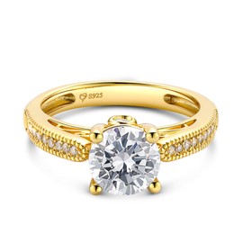 Jeulia Classic Moissanite Diamond Ring Sterling Silver Ring Engagement Promise Anniversary Band Rings with Round Cut for Birthdays, Christmas, Valentine's Day (Yellow Gold, L-½)