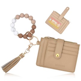 BAOSIWA Silicone Beaded Bracelet Keychain Wallet Camel Wristlet Credit Card Holder Small RFID Wallet Bangle Key Ring for Women with Zipper Pocket