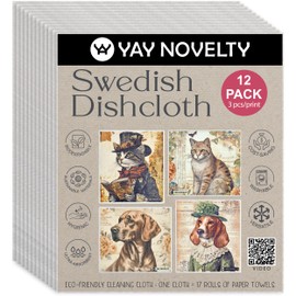 YAY NOVELTY 12 Pack German Swedish DishCloths, Paper Towels Alternative - Washable, Eco-Friendly Cellulose Sponge Dish Cloths, Reusable Cleaning Cloths - Kitchen Essentials - Vintage Pets