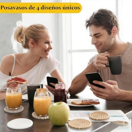 Juego de 8 Portavasos para Mesa Absorbentes, Posavasos de Antideslizantes de Algodón Trenzada Hecha a Mano, con Soporte de Metal Negro, Coasters para Varios Tipos de Vasos de Agua (Amarillo Marrón)