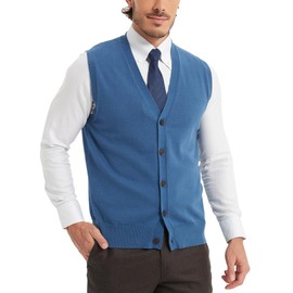 Kallspin Men’s Button Down Sweater Vest Lightweight Knitted Pure Cotton V-Neck Sleeveless Cardigans(Blue, 3XL)