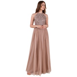 Maya Deluxe Women's Maxi Dress, Bridesmaid Halterneck, Sequins-Decorated Prom Wedding Dresses for Special Occasions, Bridesmaid Dress, Taupe Blush, 32