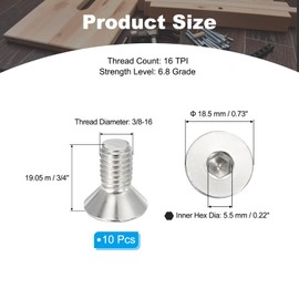PATIKIL 3/8-16 x 3/4" Flat Head Socket Cap Screws, 10 Pack Flat Countersunk Bolts Hex Socket Drive Machine Screws 304 Stainless Steel 18-8 Full Thread Grade 6.8