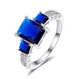Psiroy 925 Sterling Silver Plated Emerald Cut Simulated Blue Sapphire Quatrz 3 Stone Promise Engagement Ring for Women Size 10