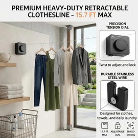 15.7 Ft Retractable Clothesline Indoor/Outdoor – Stainless Steel Retractable Clothes Line, Wall Mounted Laundry Drying Line, Anti-sag Clothesline for Balcony Apartment Bathroom RV