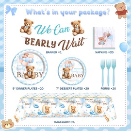 Hombae We Can Bearly Wait Baby Shower Decorations, Teddy Bear Baby Shower Party Supplies for Boy, Blue Bear Themed Banner, Tablecloth, Disposable Tableware Paper Plates Napkins Forks