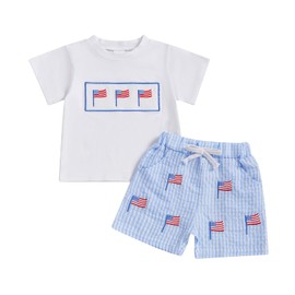 vchoohce 4th of July Baby Boy Outfits Short Sleeve USA Flag Shirts Tops Plaid Shorts Infant Boys Independence Clothes Set (Flag-White, 2-3T)