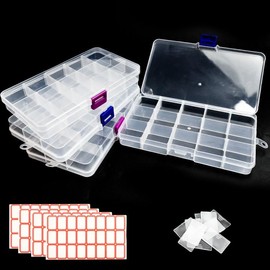YAANBUNB Pack of 4 Storage Box Compartments Plastic Sorting Boxes 15 Compartments Sorting Box Small Parts Transparent Assortment Box Jewellery Small Parts Box with Removable Dividers and Stickers for