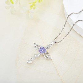CARICY 925 Sterling Silver Cross Angel Wings Necklace Cross Flower Necklace Heart Alexandrite Cubic Zirconia Jewelry for Women Gift