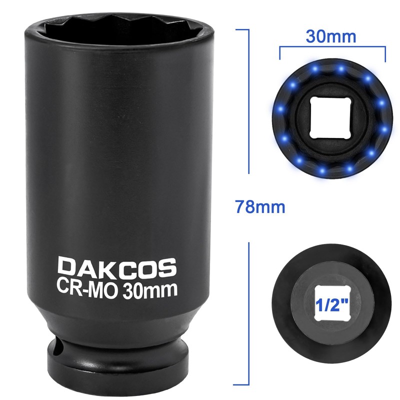 DAKCOS 30mm Socket 1/2" Drive 12 Ponit Impact Wrench Socket