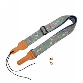 MUSIC FIRST Original Design, 2 inch width (5cm), Vintage Style “Plum Flowers” Canvas & Genuine Leather Floral Guitar Strap Electric Guitar straps