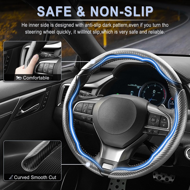 Amiss 3pcs Carbon Fiber Anti-Skid Steering Wheel Cover, Waterproof &