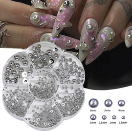 GSHLLO Half Round Resin Pearls Flat Back Nail Art Beads Mixed Size Half Pearl Beads Flatback Nail Design Pearls Plastic Craft Nail Pearls with Storage Box for Makeup Silver