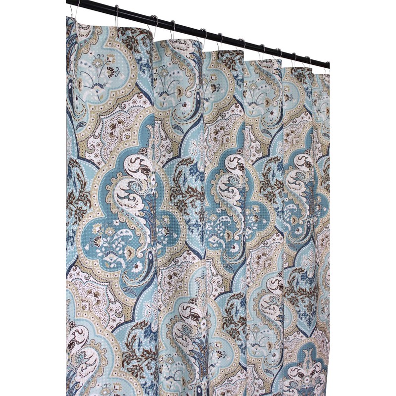 Calais Dobby Fabric Shower Curtain: iKat Floral Design (Blue-Brown-White) by