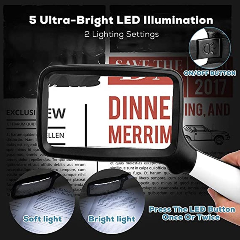 Folding Handheld Magnifying Glass with Light 5 LEDs 3X Large